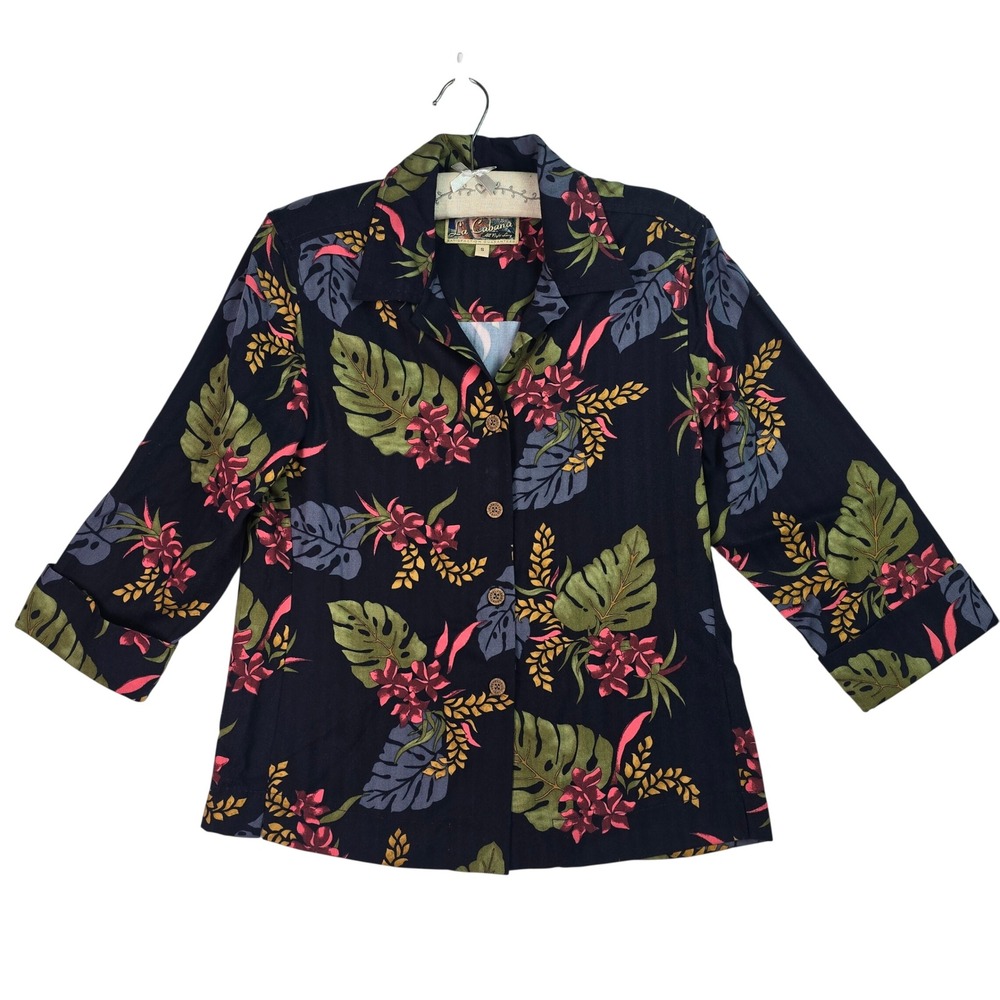 La Cabana Womens Tropical Floral Button Up Shirt Navy Blue 3/4 Sleeve Size S